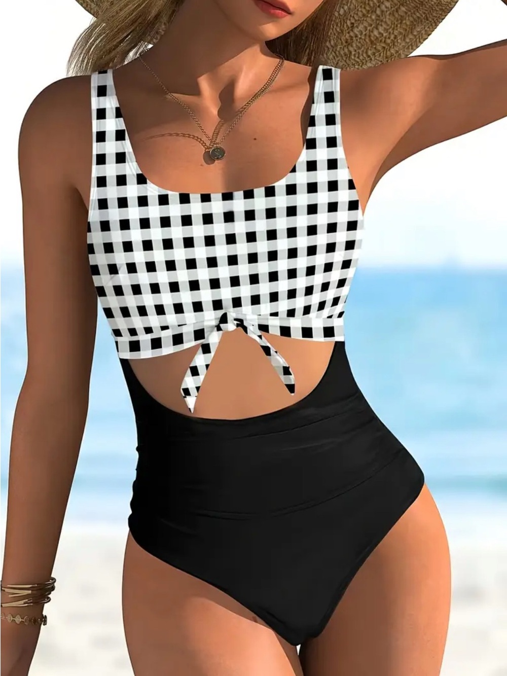 NEW Women’s Black & White Gingham Tie-Front One-Piece Swimsuit Swimwear Size XL